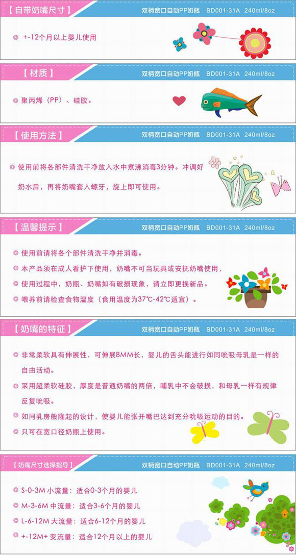 寶德寬口自動PP奶瓶240ml藍