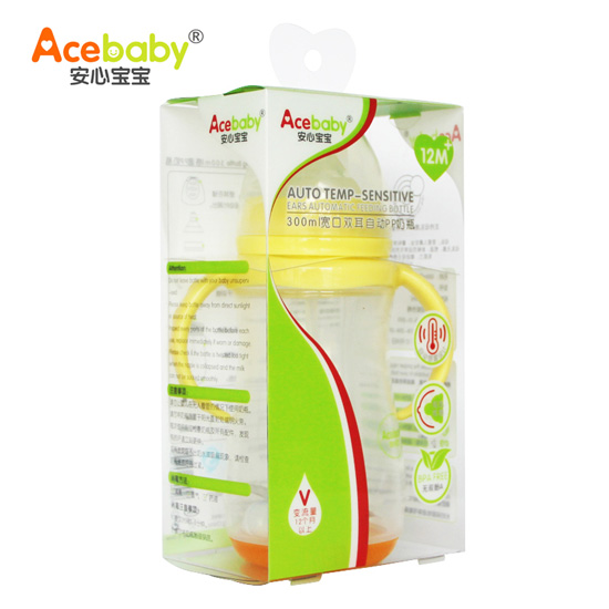 安心寶寶300ml寬口雙耳自動感溫PP奶瓶黃色盒裝
