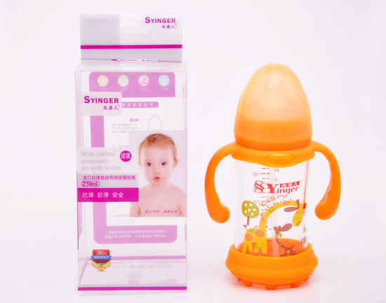 尚嬰兒寬口抗摔自動有柄玻璃奶瓶210ML橙色