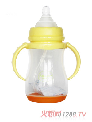 安心寶寶250ml寬口雙耳自動(dòng)感溫PP奶瓶黃無(wú)蓋